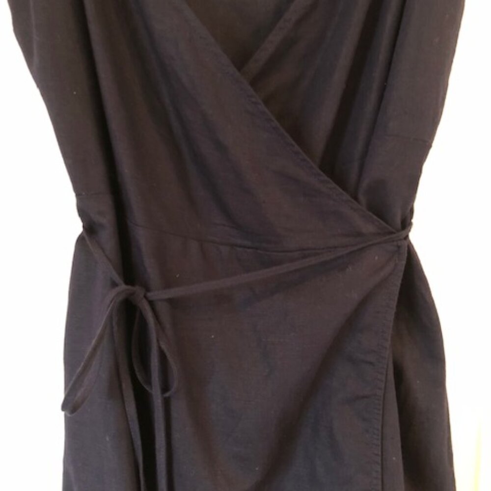 Gap Ruffle True Wrap Linen Dress Navy V-Neck Midi Knee Length - Picture 5 of 6